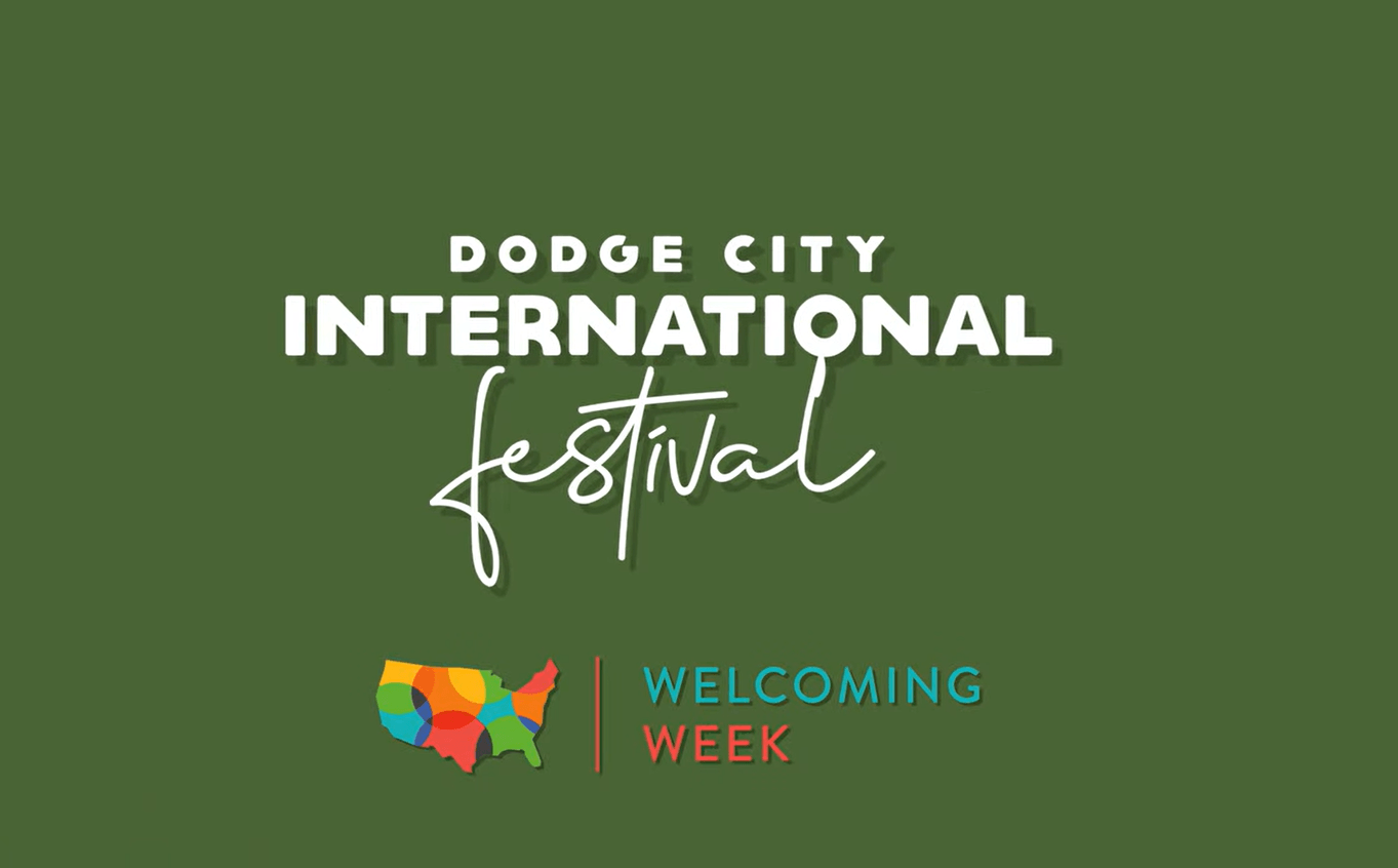 Olive green image with white text that reads "Dodge City International Festival."